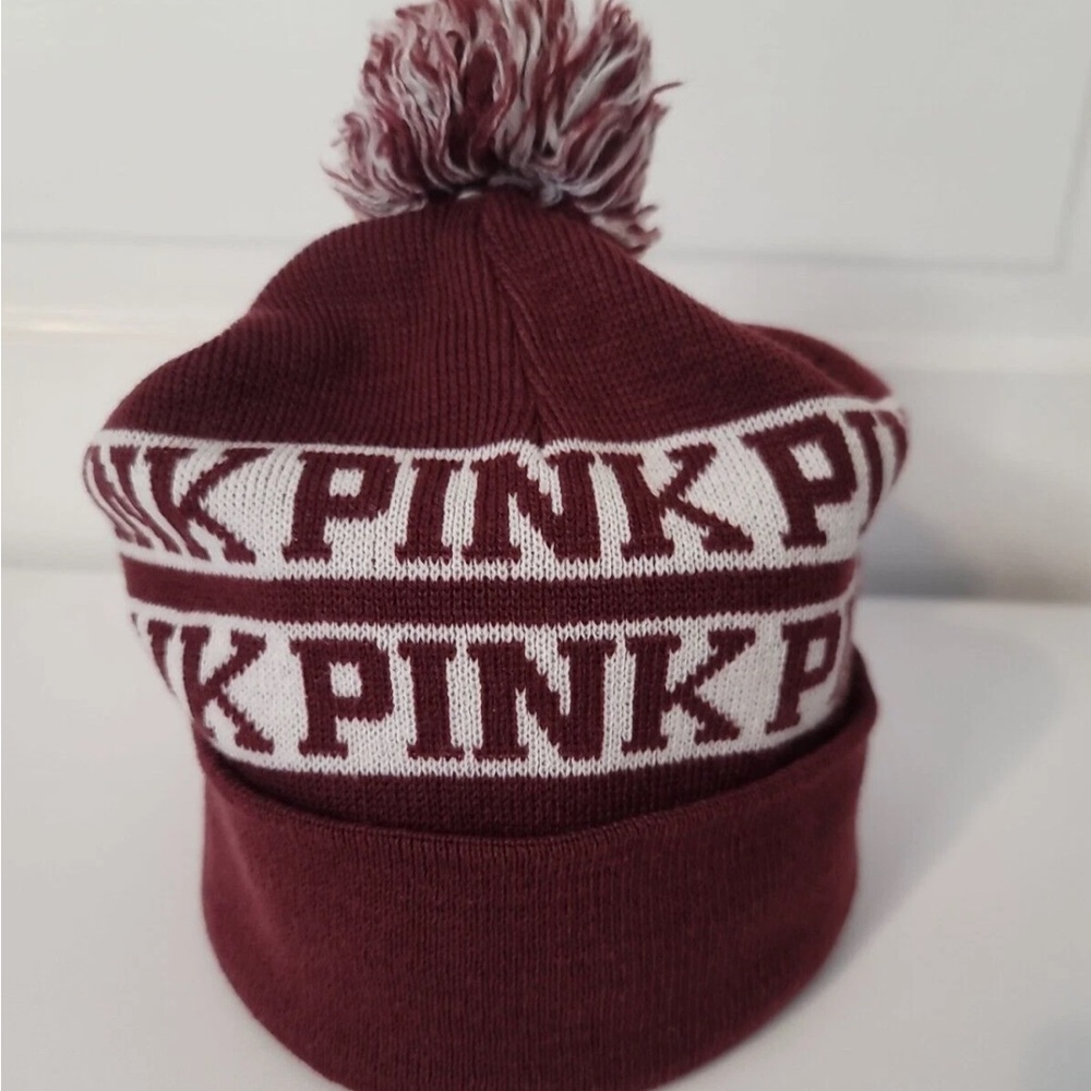 PINK Victoria's Secret Maroon Pom-Pom Beanie